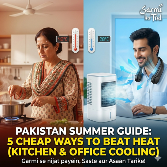 Comparison of a hot Pakistani kitchen vs a cool office with a portable mini air cooler and wearable neck fan, 42°C vs 28°C temperature difference.