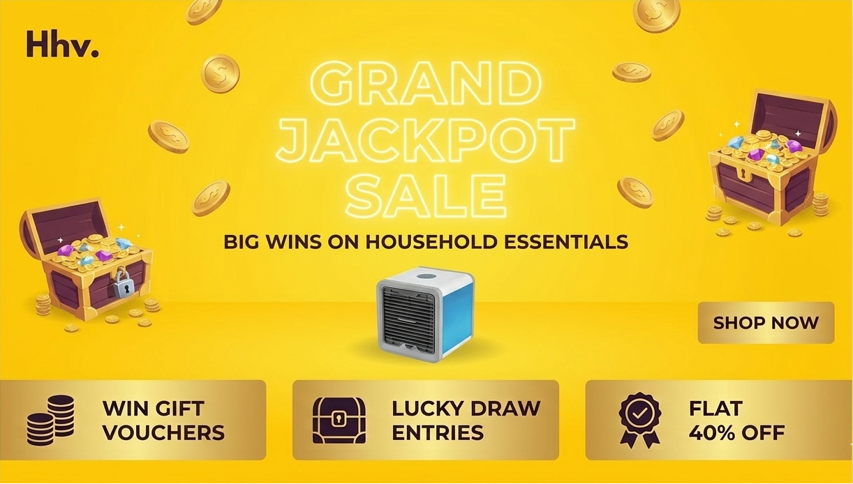 Promotional banner for Hhv's Grand Jackpot Sale with treasure chest graphics and product display.