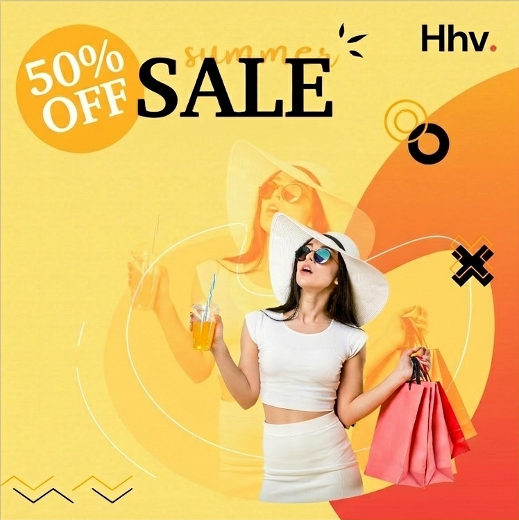 Promotional flyer for online shopping with '50% Off Sale' text and a person holding a drink and bag.